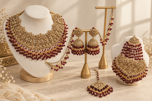 Filigree gold bridal jewellery set with ruby bead drops including collar necklace, jhumka earrings, passa side tikka and maang tikka displayed on white and gold stands